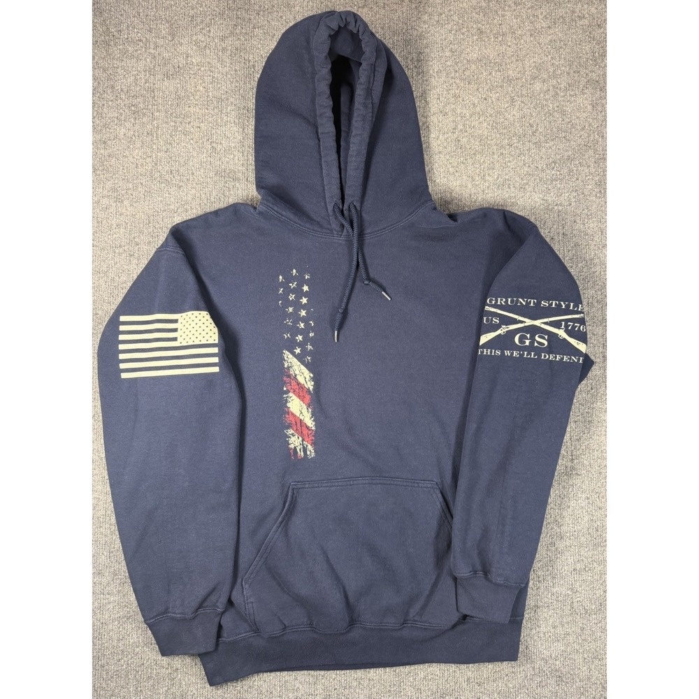 Grunt Style US Flag Graphic Hoodie Navy Blue Men's Large Cotton Blend‎